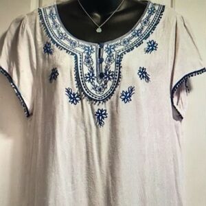 Chic White Blouse with Blue Embroidery
